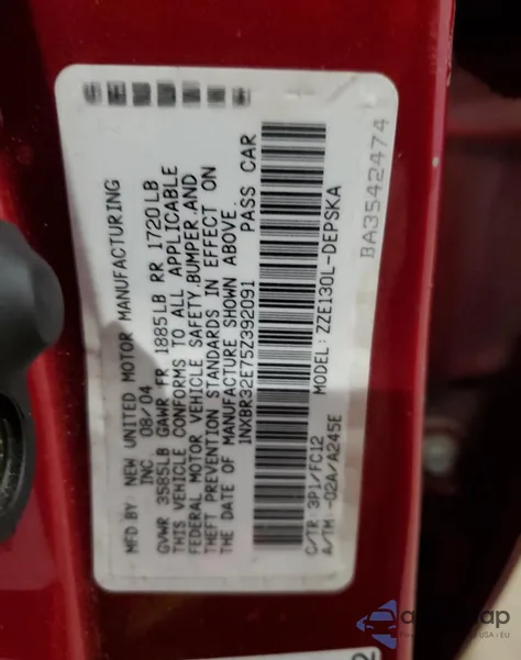 2005 Toyota Corolla Ce z USA, uszkodzony, nr VIN 1NXBR32E75Z392091